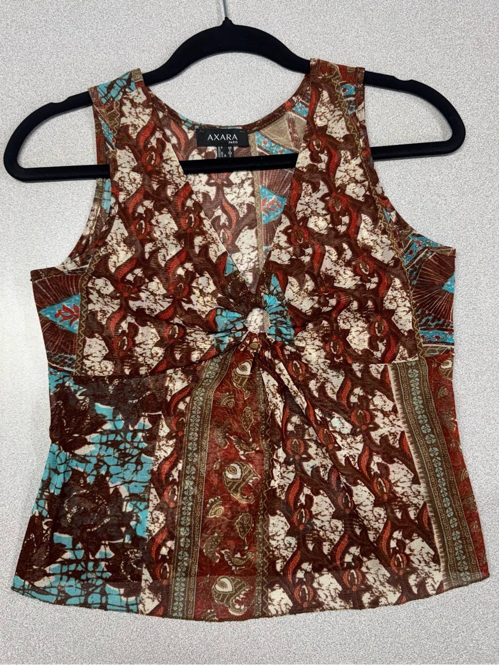 Axara Paris Brown Floral Ring Gather Front Sleeveless Top